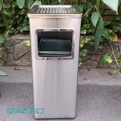 Thùng rác inox gạt tàn A34-B 4 Thùng rác vuông inox có dựng tàn thuốc màu trắng