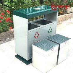 Thùng rác công cộng thep 2 ngăn mái che ảnh 1