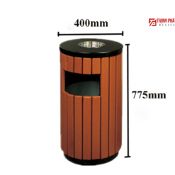 Thùng rác ngoài trời nhựa giả gỗ có gạt tàn 1 thung rac gia go tron