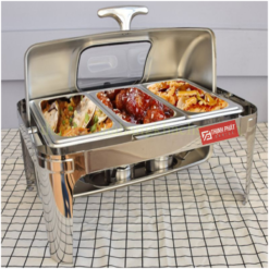 Nồi hâm buffet chữ nhật 3 ngăn nắp kính xoay 180 độ