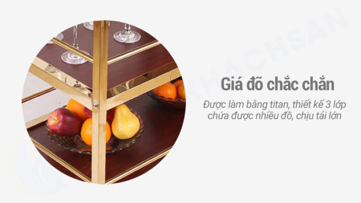 Xe đẩy thức ăn 3 tầng gỗ khung inox 4 mo ta gia do khung xe day ruou inox 3 tang ma vang
